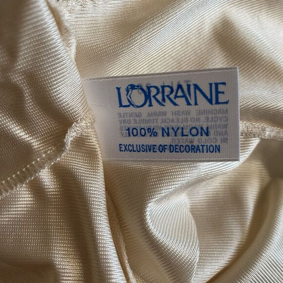 VTG Lorraine Full Slip Dress Satiny Nylon Lace Trim Adj. Straps Beige Sz Tall 36 - Picture 9 of 13